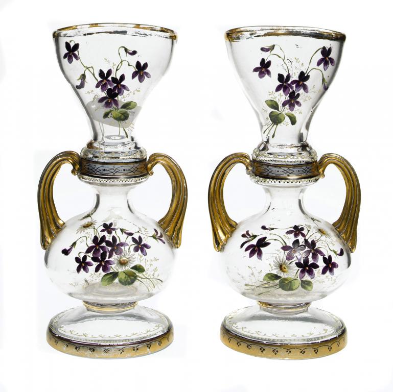 Appraisal: A PAIR OF ENAMELLED AND GILT GLASS VASES POSSIBLY FRENCH