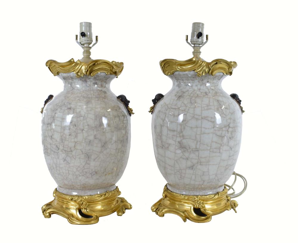 Appraisal: FINE PAIR CHINESE ORMOLU MOUNTED CRACKLE VASESMounted as lamps The