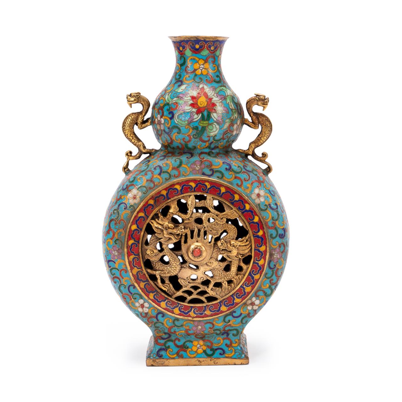 Appraisal: CHINESE CLOISONNE DOUBLE GOURD DRAGON VASE Chinese gilt brass and