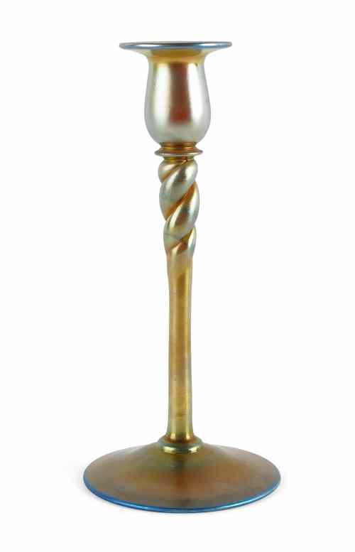 Appraisal: Steuben gold aurene glass candlestick with a twist stem signed