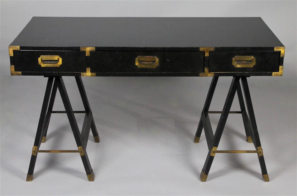 Appraisal: CAMPAIGN STYLE DESK WITH BRASS MOUNTS black painted rectangular top