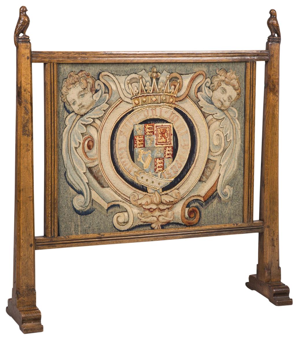 Appraisal: ATTRIBUTED TO SIR ROBERT LORIMER ARTS CRAFTS OAK FRAMED EMBROIDERED