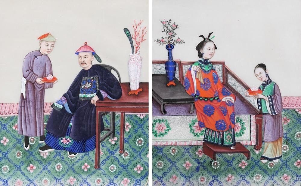 Appraisal: A Pair of Chinese Watercolor Paintings on Pith Paper Watercolor