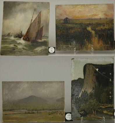 Appraisal: Four Small Oils on ArtistboardAmerican School Ships at Sea Oil