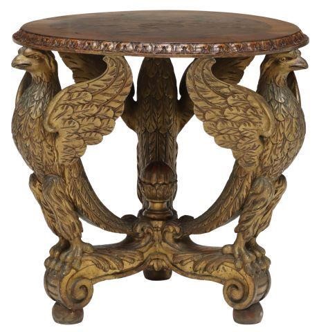 Appraisal: Continental carved eagle side table th c circular burled walnut