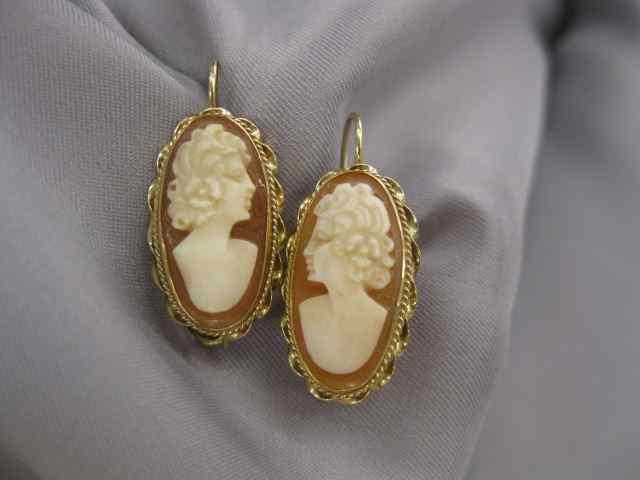 Appraisal: Cameo Earrings k yellow gold wire settings portrait of a