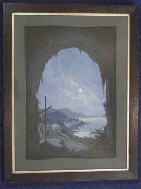 Appraisal: Italian School gouache Moonlit coastal landscape x in Estimate -