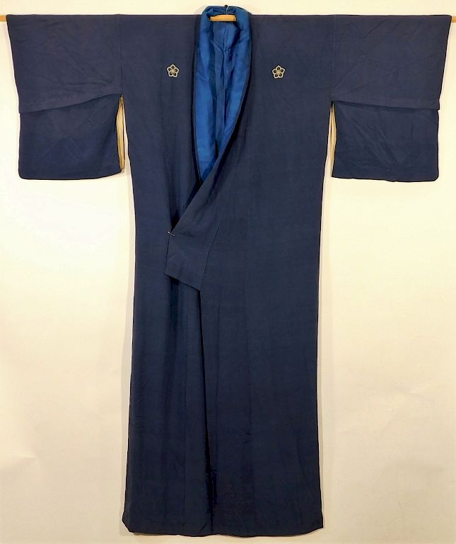 Appraisal: Japanese Five Crested Indigo Tomesode Kimono Japan - th Century