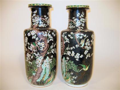 Appraisal: Pair of Chinese famille noire rouleau vases double blue rings