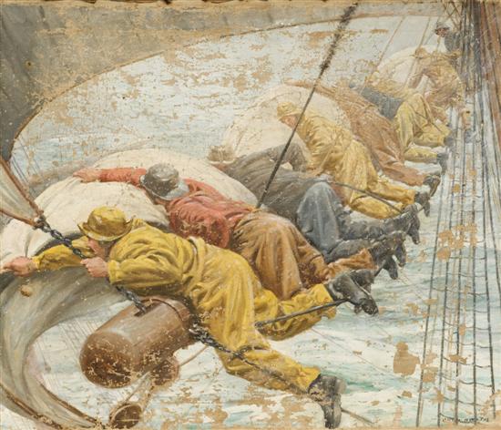 Appraisal: Fischer Anton Otto Am - A row of fishermen battling