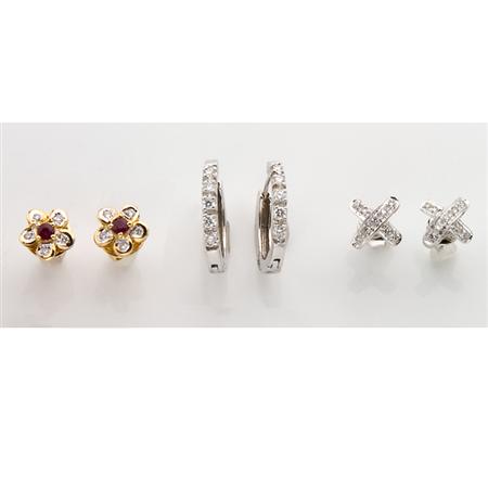 Appraisal: Three Pairs of Diamond and Ruby Earrings Estimate -