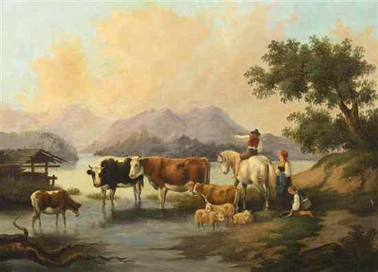 Appraisal: A Stefano th century Farmyard Animals at Water's Edge oil