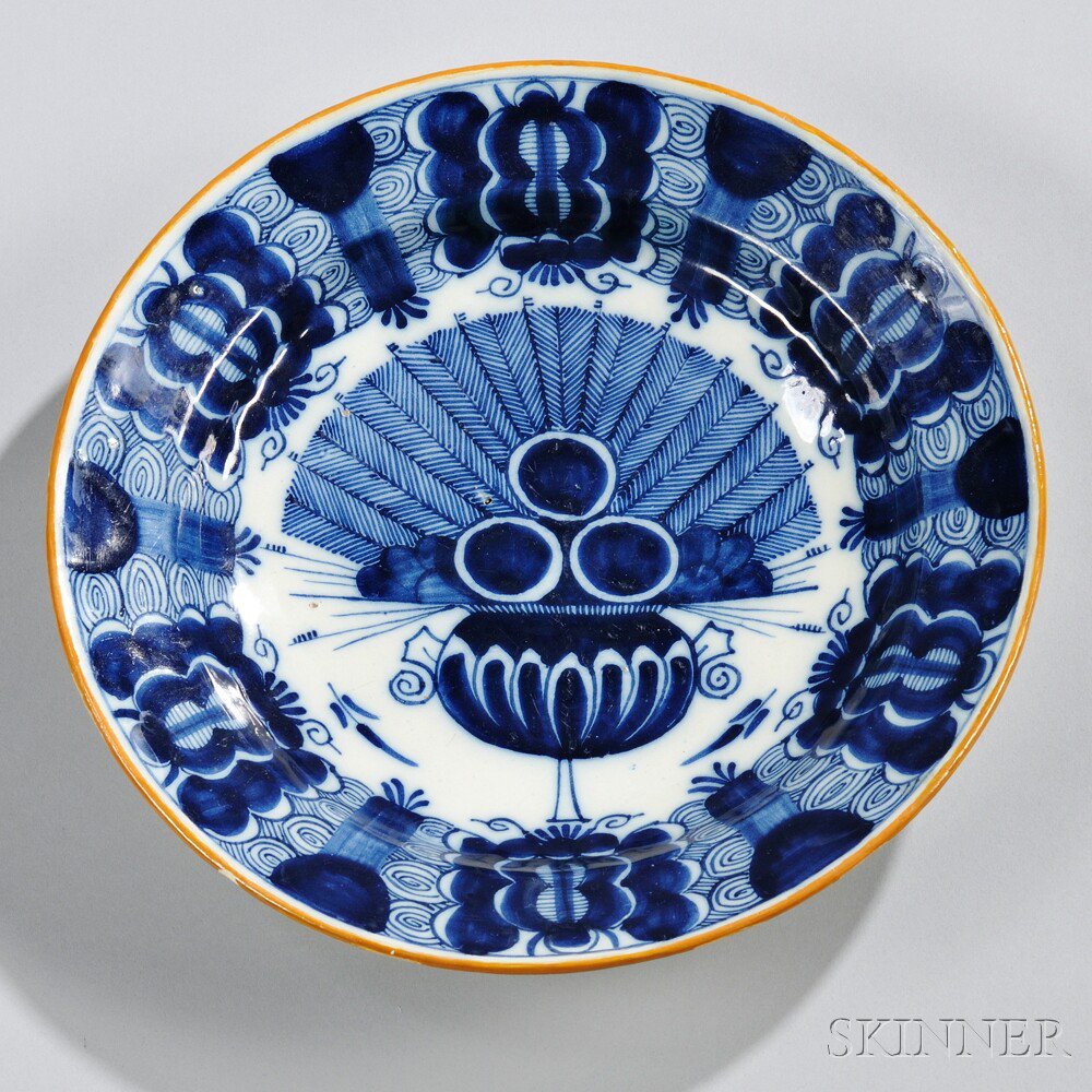 Appraisal: Dutch Delftware Blue and White Decorated Peacock Charger Holland mid-