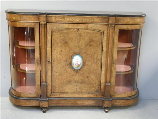 Appraisal: Victorian walnut and parquetry inlaid credenza the central cupboard door