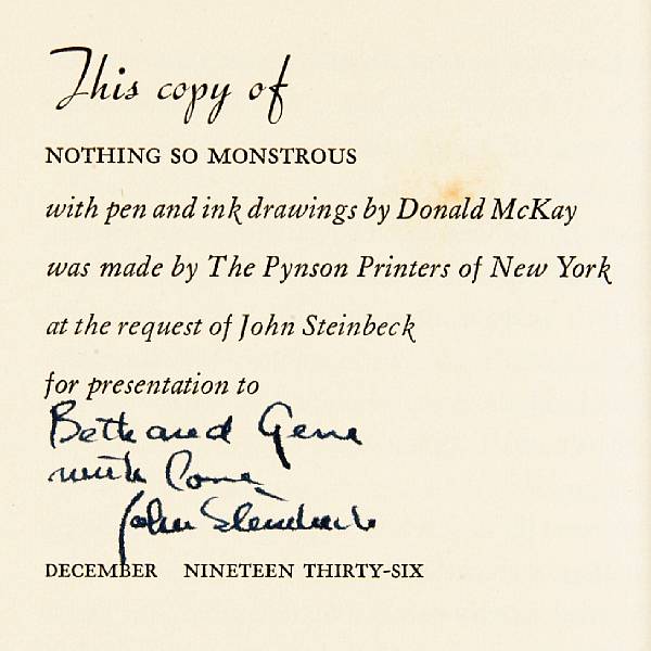 Appraisal: STEINBECK JOHN Nothing So Monstrous a Story New York The