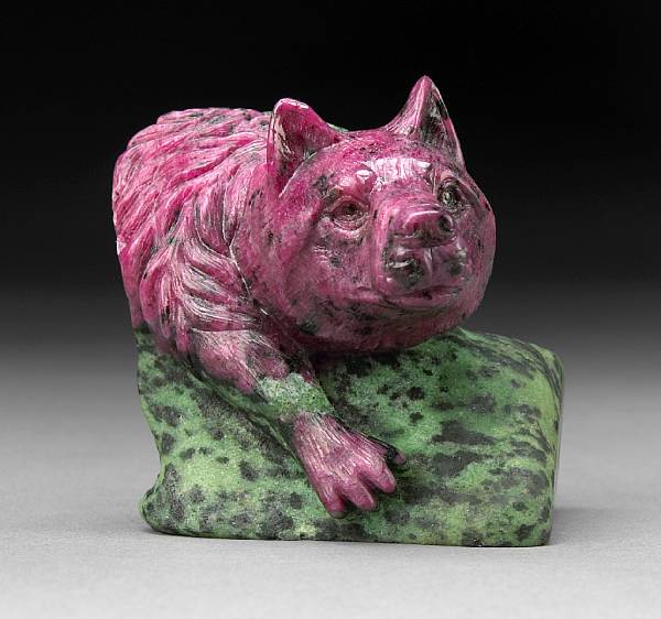 Appraisal: Ruby-in-Zoisite Carving of a Wolf By Georg Brandt Idar-Oberstein Germany