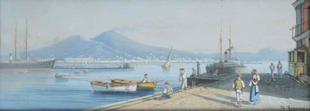 Appraisal: NEAPOLITAN GOUACHE WITH MT VESUVIUS VIEW FROM PORTSIDE BY Y