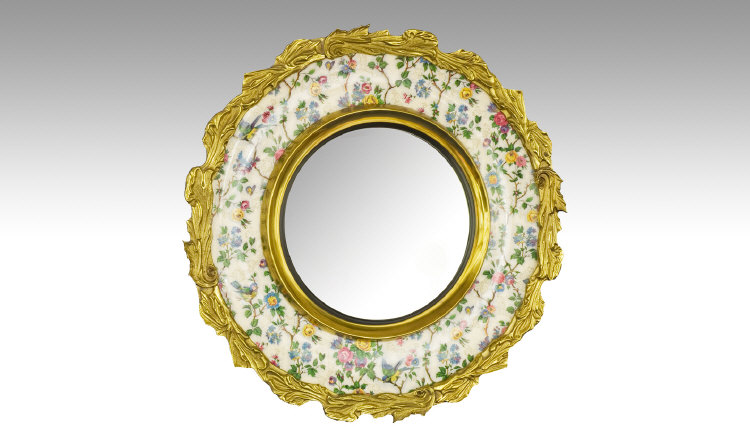 Appraisal: Circular Wall Mirror with Porcelain Brass Surround