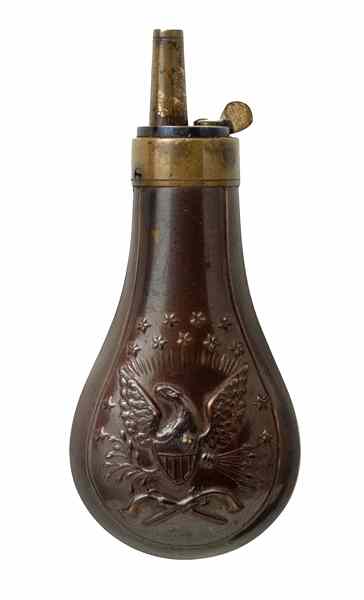 Appraisal: Eagle And Shield Pocket Powder Flask '' length Lacquered body