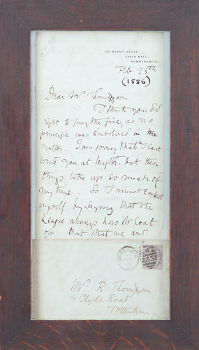 Appraisal: WILLIAM MORRIS Framed personal letter and envelope from William Morris