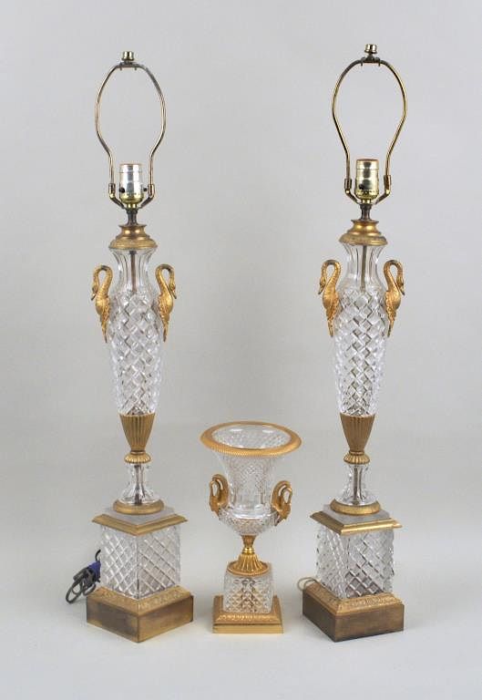 Appraisal: Pair Gilt Metal Mounted Cut Glass Urn Lamps Urn all