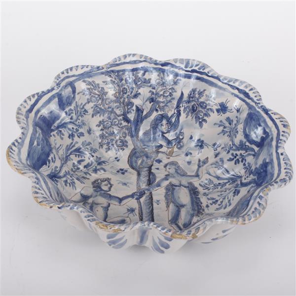 Appraisal: Hand painted Italian Savona style Delft blue white punch bowl