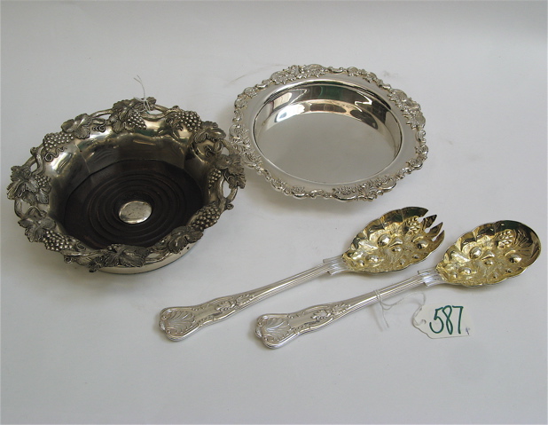 Appraisal: GILT AND SILVER SALAD SERVERS WINE COASTERS pieces The Sheffield