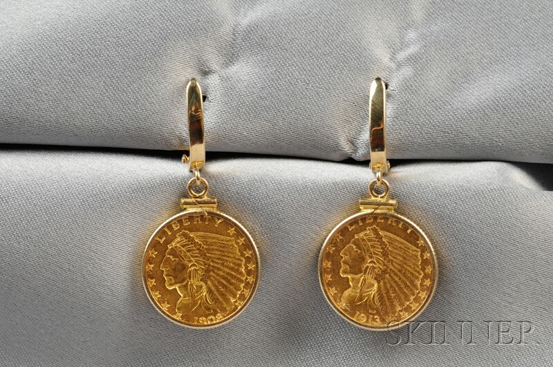 Appraisal: Dollar Gold Indian Quarter Eagle-Mounted Earpendants dated and within kt