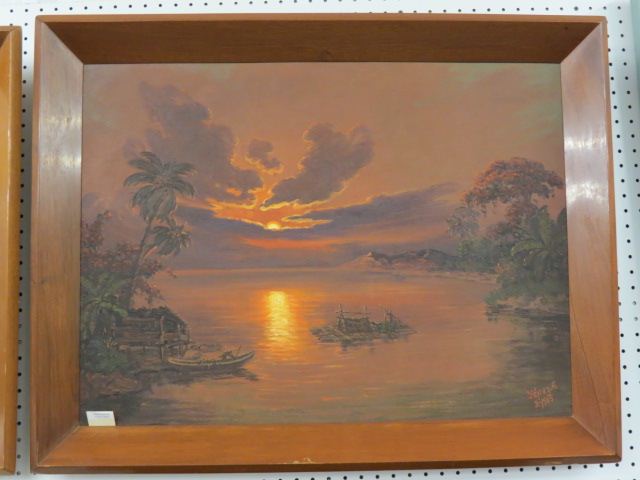 Appraisal: Jose Yepez Arteago oil boats on a lake at sunset