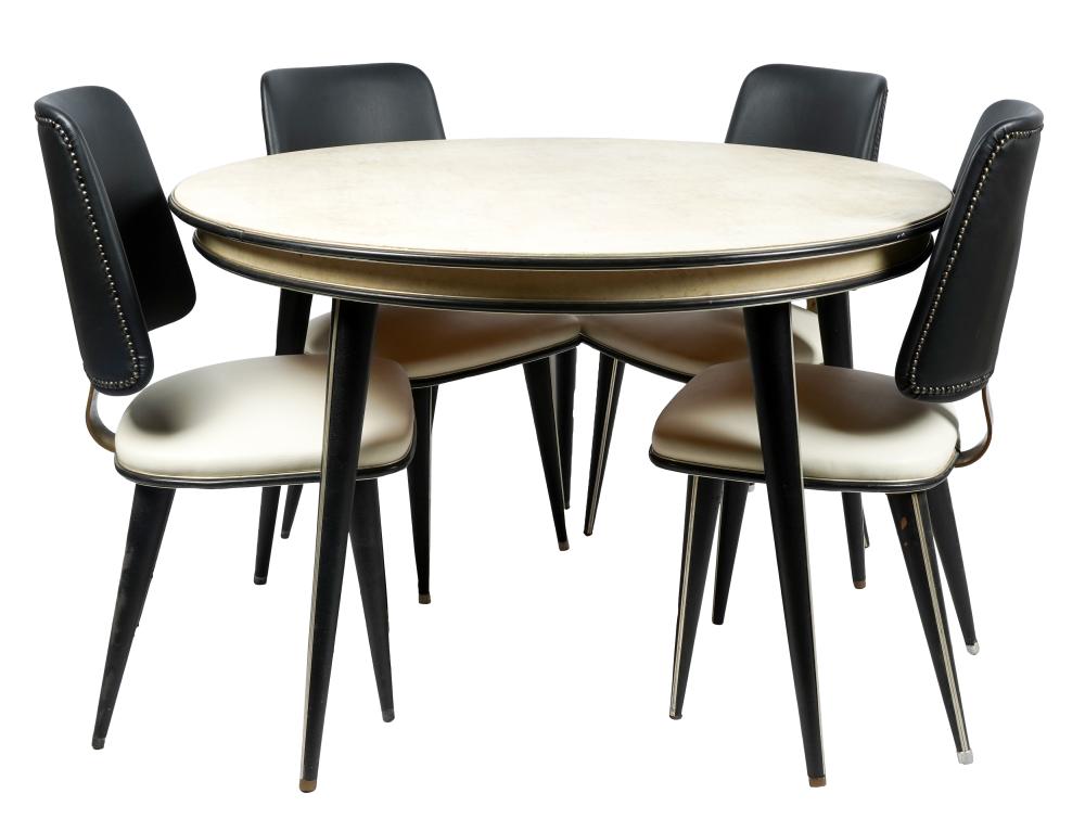 Appraisal: MODERN LEATHER-CLAD ROUND GAME TABLE FOUR CHAIRSunsigned with brass-finish metal