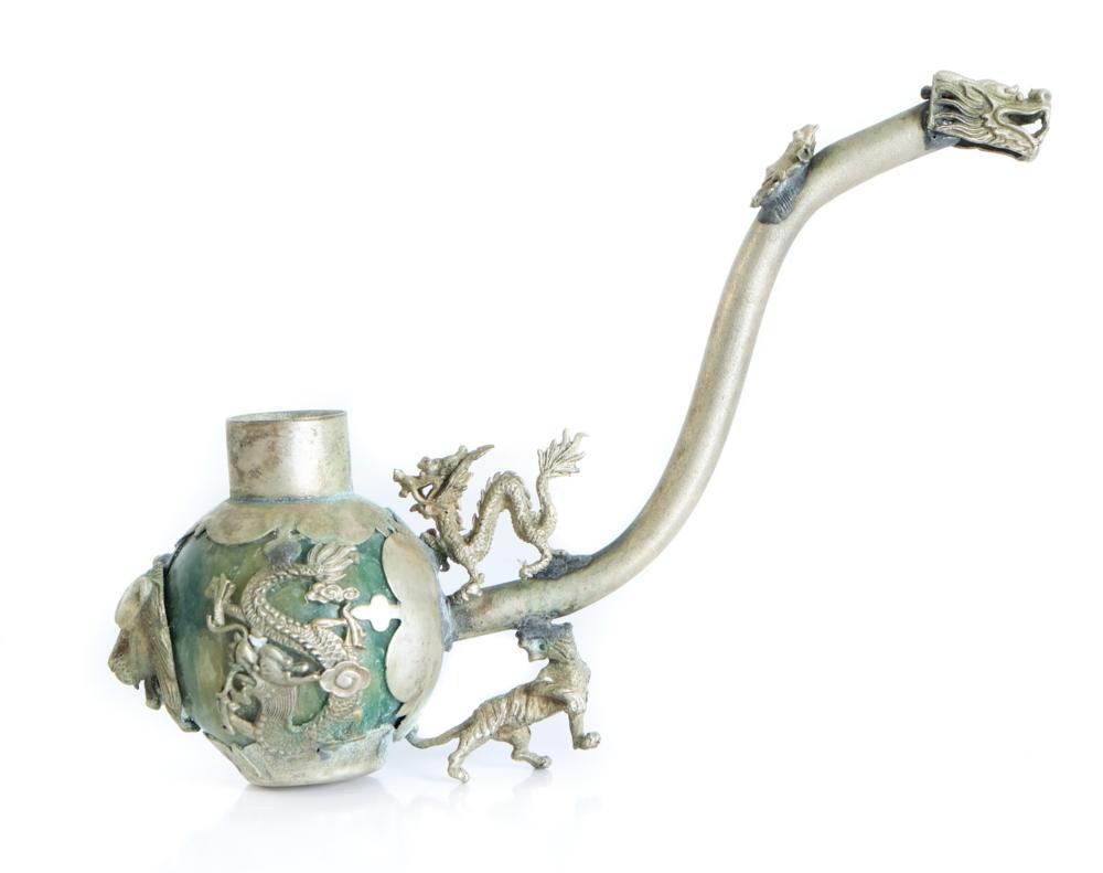 Appraisal: VINTAGE CHINESE DRAGON SILVER OPIUM PIPEVintage Chinese silver and green