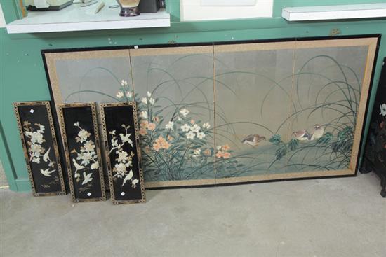 Appraisal: FOUR ORIENTAL ITEMS A cloth covered screen with floral decoration