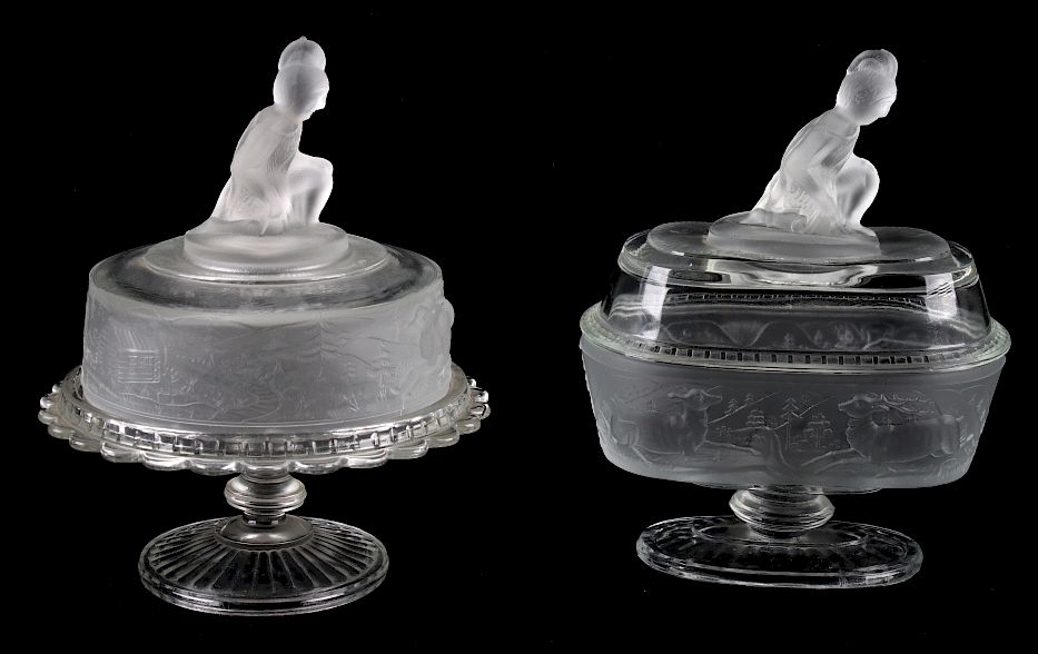 Appraisal: Set of Embossed Glass Pictorial Butter Dishes Featured in this