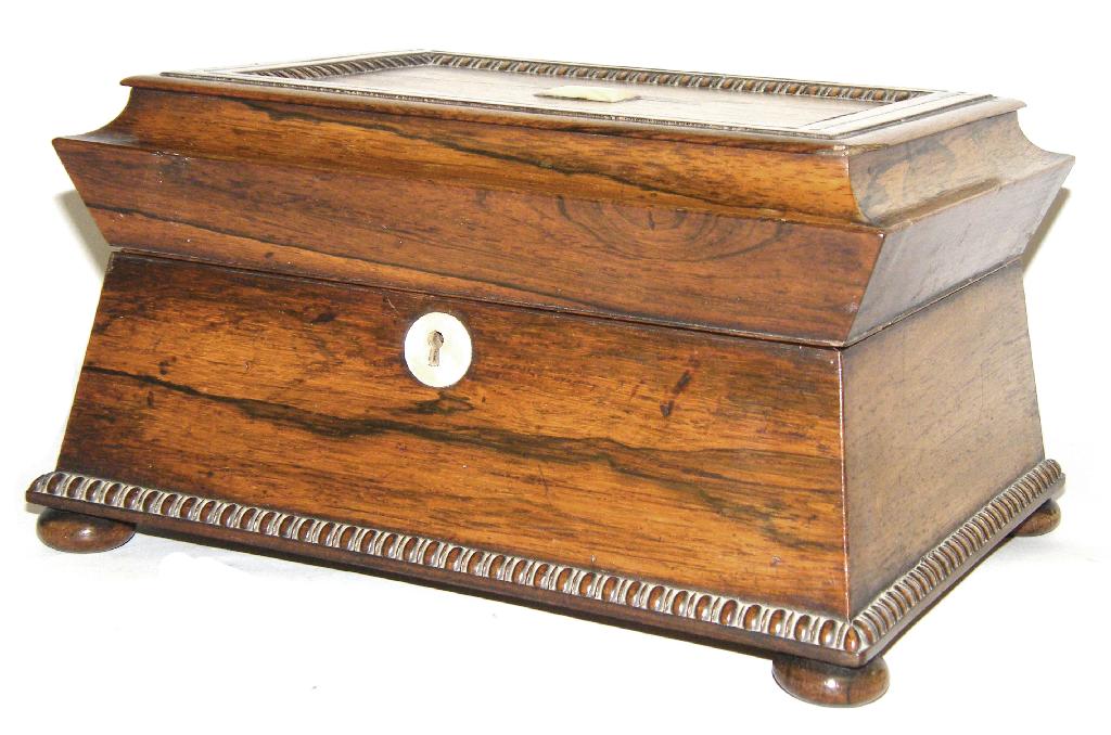 Appraisal: th century rosewood sarcophagus lady's work box with egg and