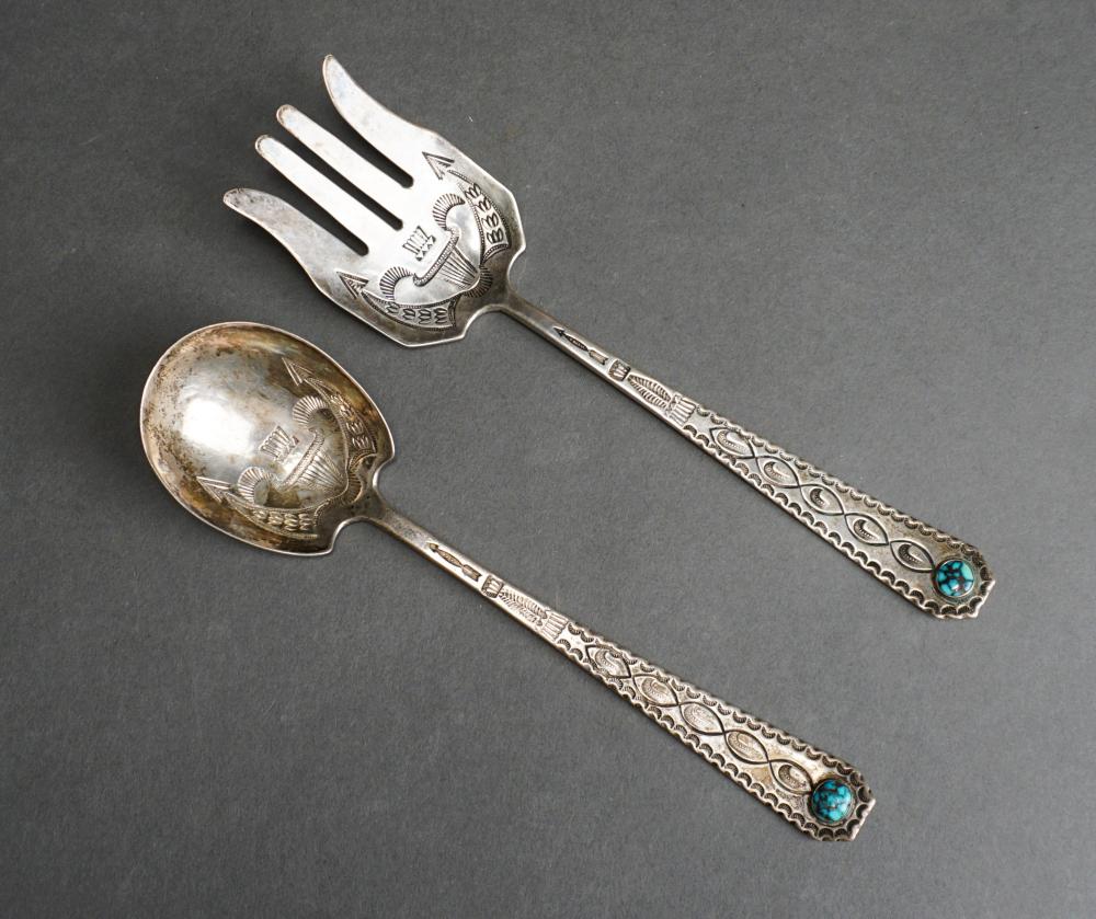 Appraisal: IKE WILSON NAVAJO TURQUOISE MOUNTED SILVER TWO-PIECE SERVING SET L