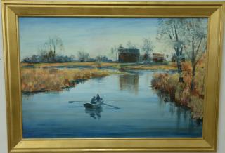 Appraisal: Bill Steeves oil on canvas rowboat on the pond signed