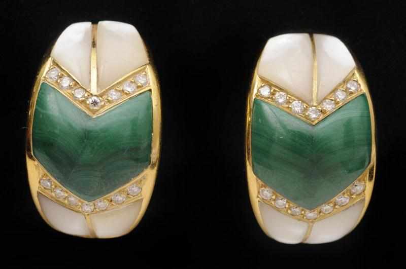 Appraisal: PAIR OF K GOLD MALACHITE MOTHER-OF-PEARL AND DIAMOND EAR CLIPS