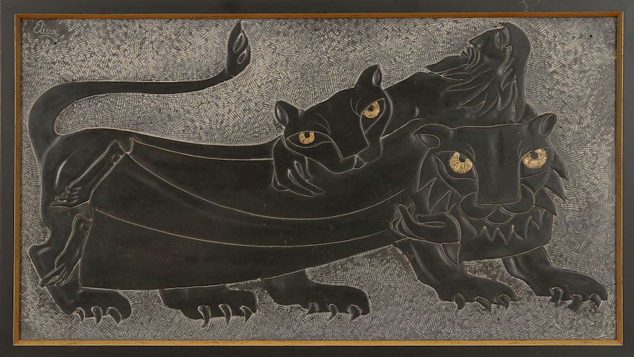 Appraisal: CARVED AND INCISED PANTHERS ON SLATE SIGNED A mixed media