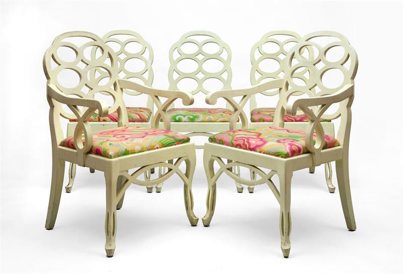 Appraisal: FRANCES ELKINS ATTRIBUTION FIVE DINING CHAIRS Lacquered wood and cane