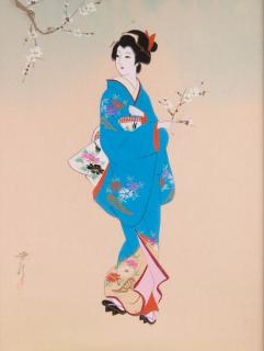 Appraisal: Asian Gouache on Silk Depicting a woman holding a cherry