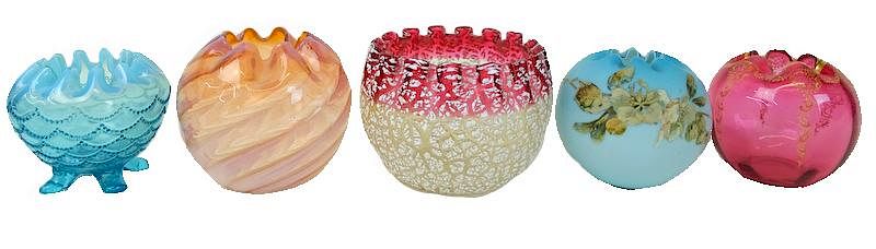 Appraisal: Five Collectible Art Glass Rose Bowls Five Collectible Art Glass