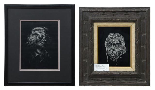 Appraisal: lot of Framed scratchboard art including Portrait of an Elder