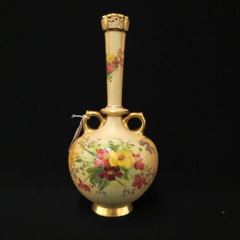 Appraisal: Royal Worcester Porcelain Vase reticulated top stick neck superb handpainted