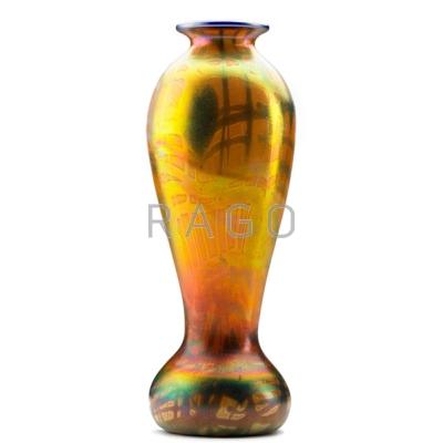 Appraisal: IMPERIAL Iridescent glass vase with heart and vine pattern Bellaire