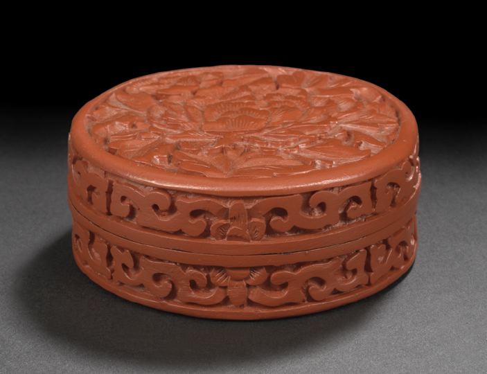 Appraisal: Chinese Carved Cinnabar Lacquer Box of circular form with conforming