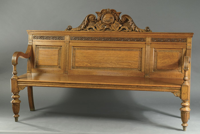 Appraisal: CARVED OAK HALL BENCH the back centering a highly carved