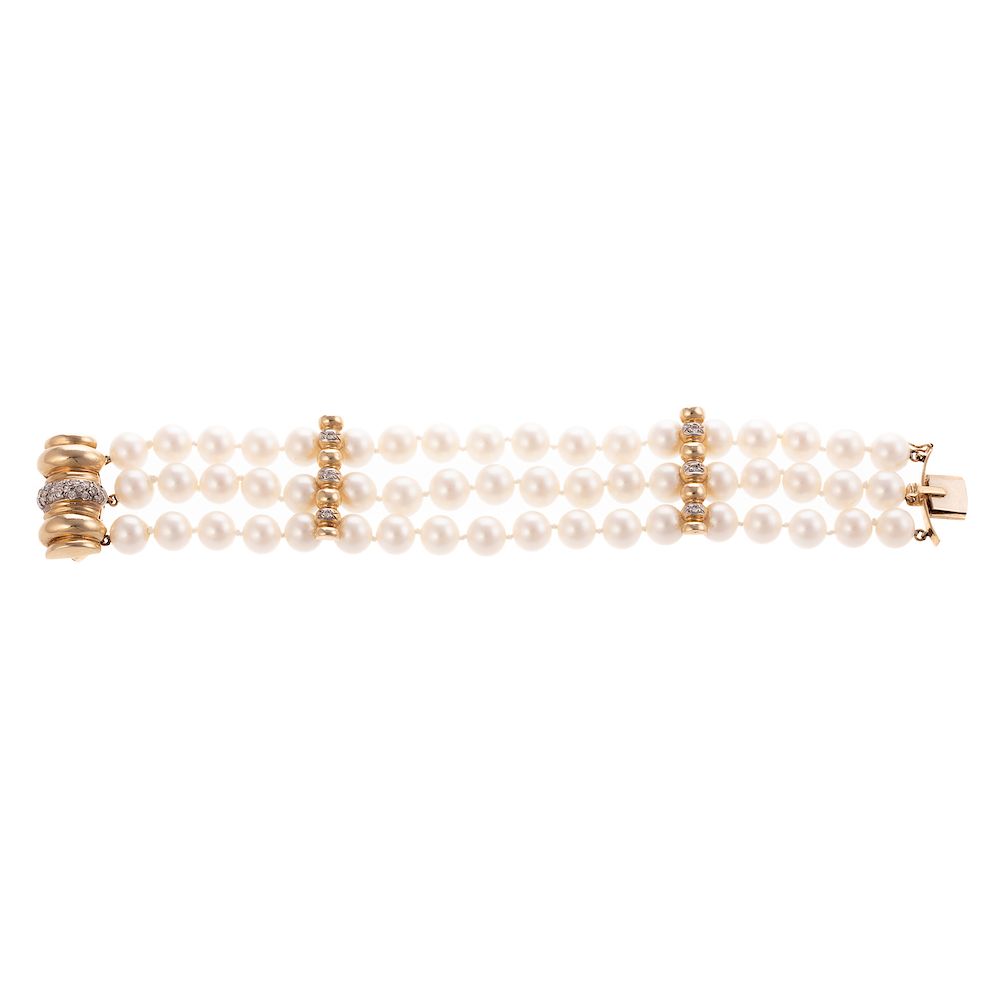 Appraisal: A Three Strand Pearl Bracelet with Diamonds in K K