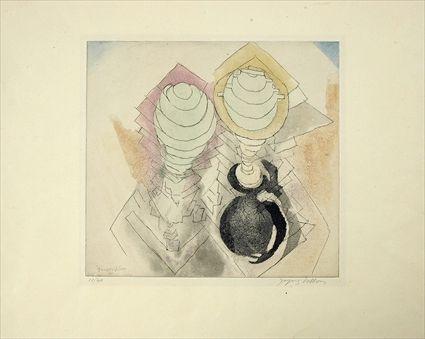 Appraisal: VILLON JACQUES ABSTRACT COUPLE Colored etching x in image in