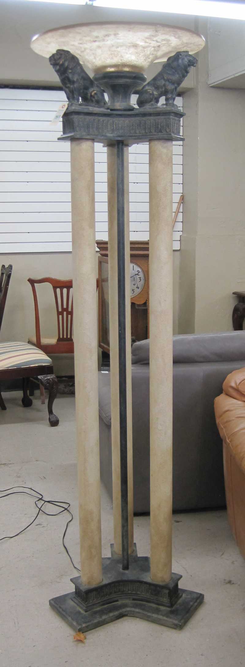 Appraisal: THREE-COLUMN NEOCLASSICAL STYLE TORCHIERE FLOOR LAMP featuring a round resin