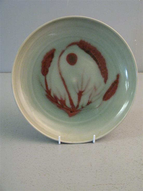 Appraisal: Chinese art pottery celadon glazed dish with abstract red decoration